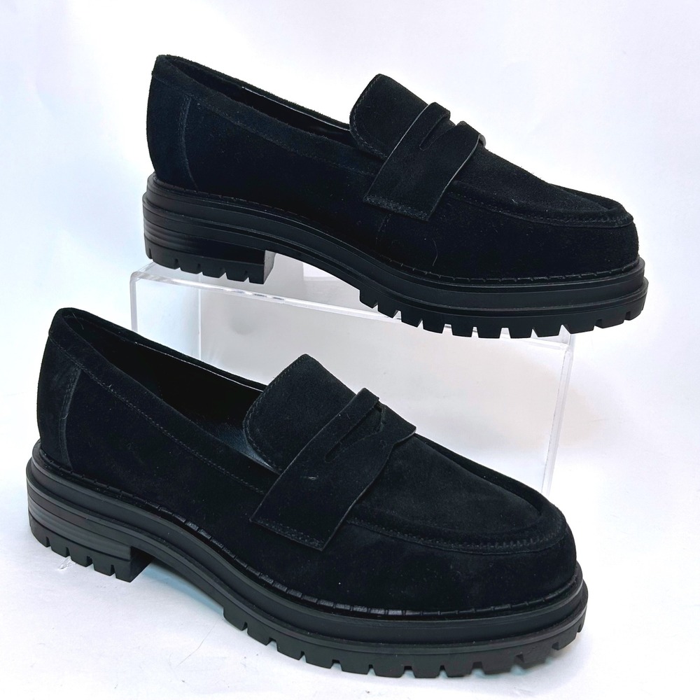 New Calvin Klein Black Suede Lug Sole Penny Loafers Womens 7M Chunky Shoes
